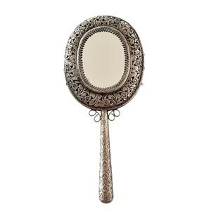 Vintage Hand | Vanity Mirror Victorian Silver Ornate Floral Filagree 17.5”x7.5”